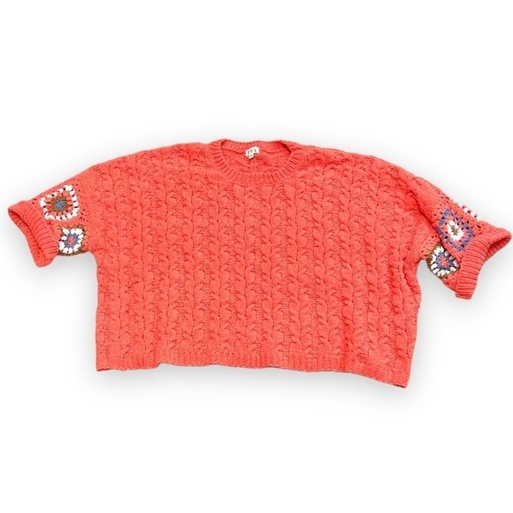 POL Cable Knit Long Sleeve Orange Sweater With Granny Square Detail Size Small - Picture 11 of 11